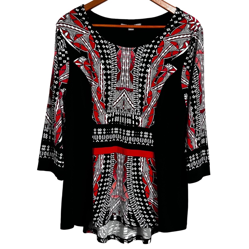 Valerie Stevens Black and Red Studded Hi Lo Top 3/4 Sleeves Size Large‎